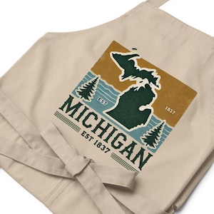 Delantal de Michigan con mapa del estado y diseño natural, regalo de cocina con temática de los Grandes Lagos para cocineros caseros y entusiastas de las actividades al aire libre.