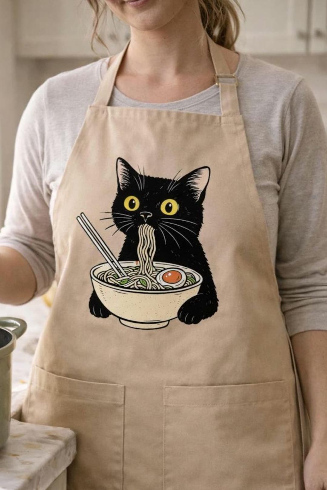 ラーメン猫エプロンギフト、面白い麺好きエプロン、キッチンエプロン