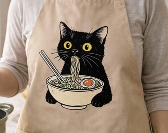 ラーメン猫エプロンギフト、面白い麺好きエプロン、キッチンエプロン