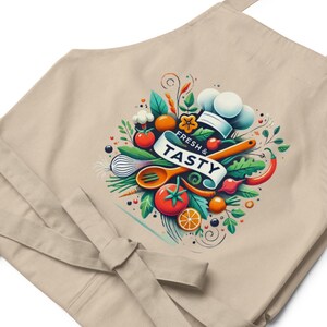 Organic Cotton Apron Fresh and Tasty Kitchen Gift Eco Friendly Cooking Apron Sustainable Chef Apron for Home Cooks and Food Lovers