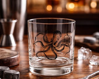 Etched Octopus Whiskey Glass - Coastal Ocean Barware Gift