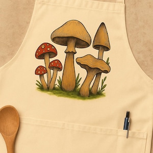 Mushroom motif apron, Mushroom Apron with Whimsical Toadstool Print, Forest Fungi Kitchen Gift for Gardeners and Nature Lovers