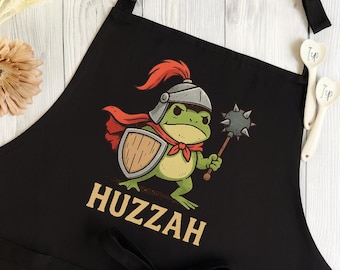 Delantal de rana "Huzzah", delantal de chef, delantal divertido de DnD, delantal de cocina de rana de la Feria Renacentista, regalo de jugador de fantasía medieval, regalo para amantes de las ranas