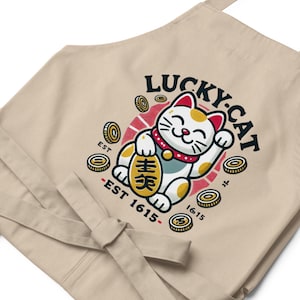 Lucky Cat Apron with Maneki Neko Design and Coins, Japanese Good Fortune Kitchen Gift for Cat Lovers and Food Enthusiasts