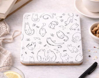 Posavasos con diseño de gato, bonito posavasos de gatito, regalo para amantes de los gatos, decoración divertida para el hogar, posavasos de mesa para gatos, regalo para amantes de las mascotas, posavasos minimalistas para gatos.