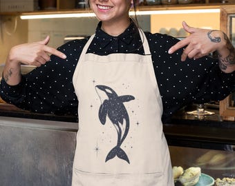 Grembiule con balena cosmica – Design con orca spaziale, regalo per gli amanti dell'oceano celeste, grembiule da cucina con balena galattica