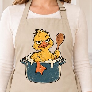 Funny Duck Apron, Duck in Cooking Pot Kitchen Apron, Grumpy Bird Chef Gift, Retro Animal Cooking Apron for Baker, Unique Home Cook Gift