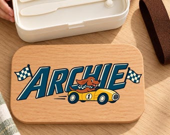 Racing Fox Name Bento Lunch Box | Personalized Kids Lunchbox, Retro Car Design