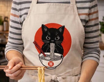 Delantal de gato con ramen para amantes de los fideos, delantal de cocina divertido para chefs, regalo japonés para aficionados a la cocina y a los gatos.