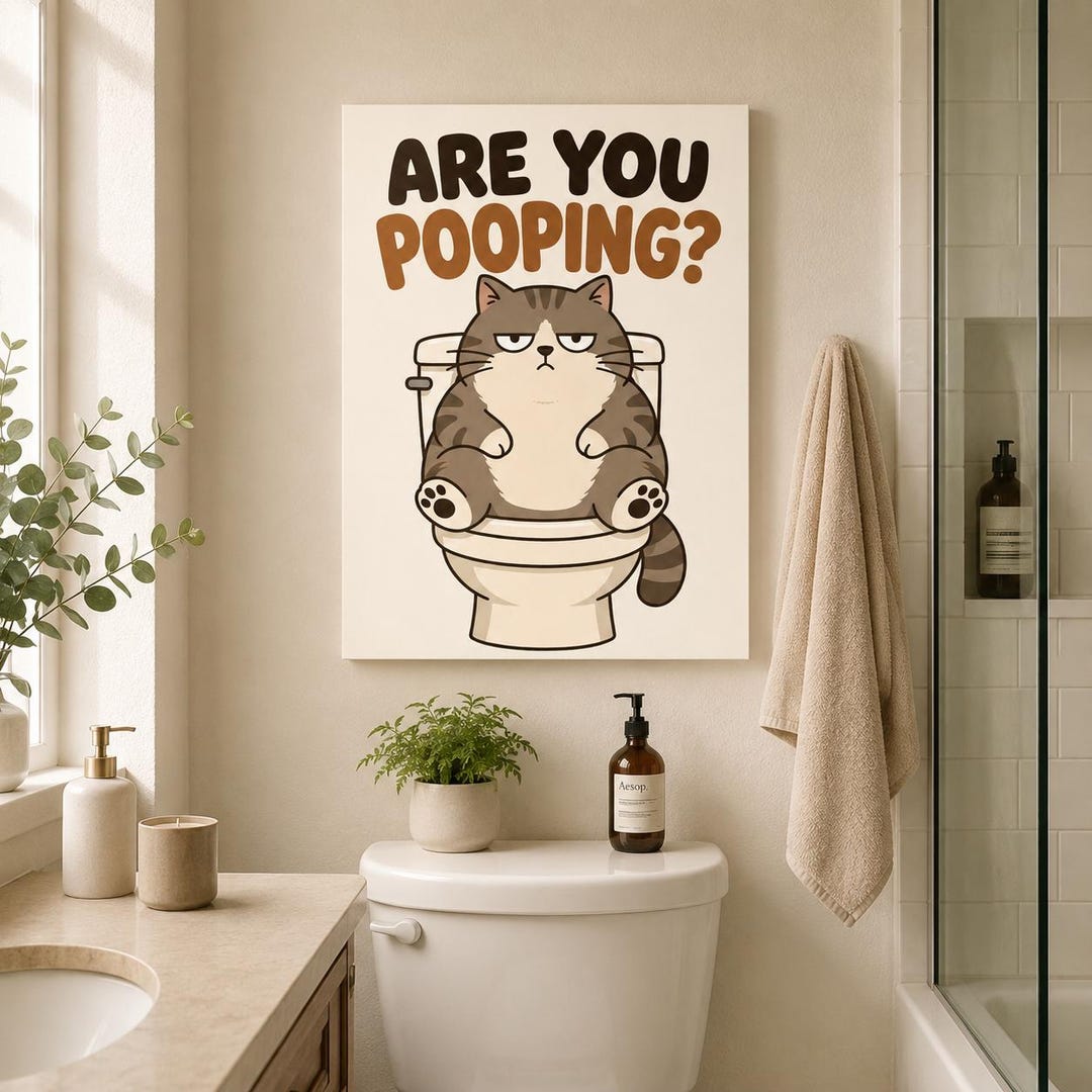 Are You Pooping Cat Wall Art Funny Bathroom Decor Cute Cat Toilet ...