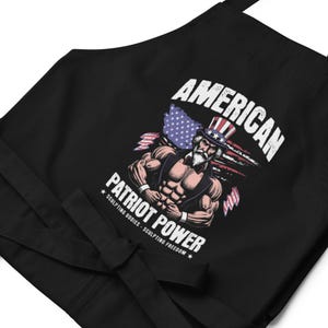 American Patriot Power Organic Apron with Uncle Sam Graphic, USA Muscle Body Chef Apron, Fourth of July Kitchen Cooking Gift