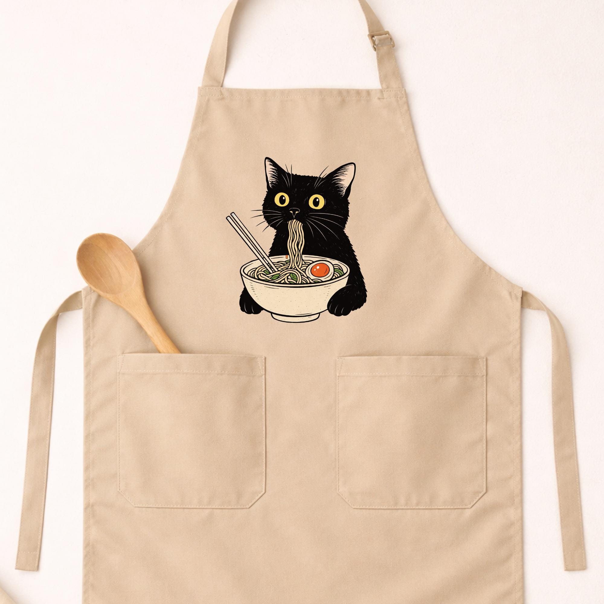 ラーメン猫エプロンギフト、面白い麺好きエプロン、キッチンエプロン