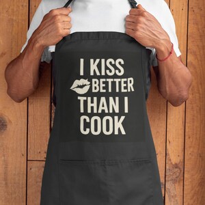 funny romantic kitchen apron with i kiss better than i cook quote, man gift idea, girlfriend chef apron