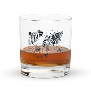 Vaso de whisky grabado con diseño de mapa del mundo y avión, regalo único para amantes de los viajes, artículos de bar inspirados en la aventura, calidad superior