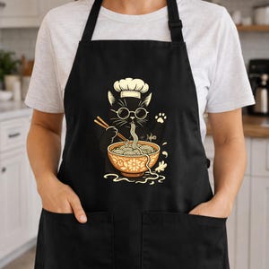 Delantal de ramen con diseño de gato, adorable babero de cocina, regalo divertido para chef, atuendo de chef, accesorios de cocina, delantal de chef con un gato genial. imagen 3
