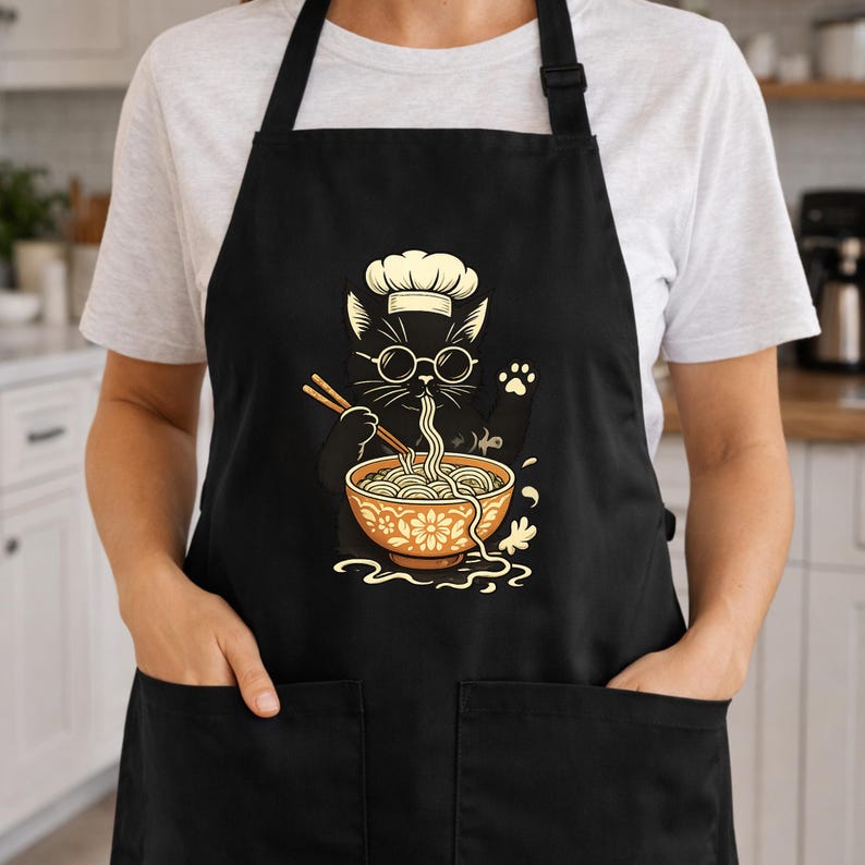 Delantal de ramen con diseño de gato, adorable babero de cocina, regalo divertido para chef, atuendo de chef, accesorios de cocina, delantal de chef con un gato genial. imagen 3