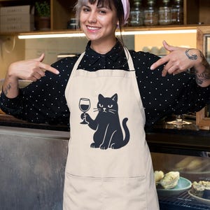 Funny Cat Wine Apron, Sassy Cat Drinking Wine Kitchen Apron, Cat Lover Gift for Wine Enthusiast, Cute Cooking Apron for Women Men
