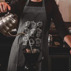 Coffee Maker Pattern Apron, Apron with Pockets for Coffee Lovers, Barista Kitchen Apron, Perfect Gift for Coffee Enthusiasts, svp apron