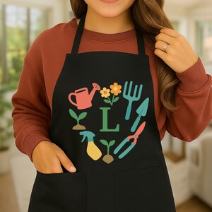 Personalized Gardening Apron, Custom Name Letter Embroidered Kitchen Cooking Smock, Floral Design, Gifts for Gardeners, Gardening Lovers,