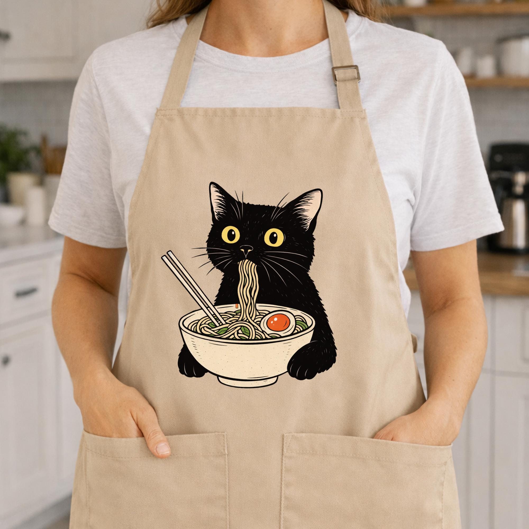 ラーメン猫エプロンギフト、面白い麺好きエプロン、キッチンエプロン