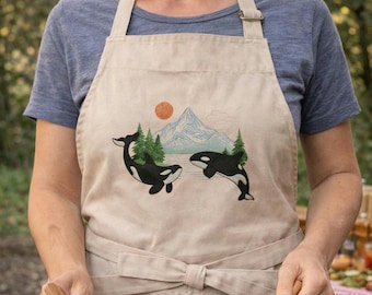 Grembiule Orca Mountain – Grembiule con paesaggio naturale e balena, regalo per amanti dell'oceano e della vita all'aria aperta, abbigliamento da cucina con fauna selvatica