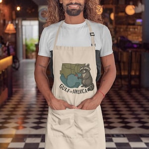 Cadeau drôle de cuisine du sud de tablier du golfe d'Amérique avec le raton laveur mignon tenant le drapeau Texas Alabama Louisiane cuisine jeu de mots nouveauté tablier côtier