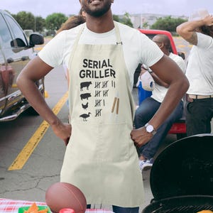 Serial Griller Funny BBQ Apron for Meat Lovers Pitmasters Grill Chefs Father’s Day Gift Cow Pig Chicken Humor Apron for Barbecue King