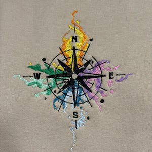 May include: Tan-colored sweatshirt featuring an embroidered compass rose design. The compass is black with colorful accents in orange, green, blue, and purple. The text "not all who wander are" is embroidered in black below the compass.