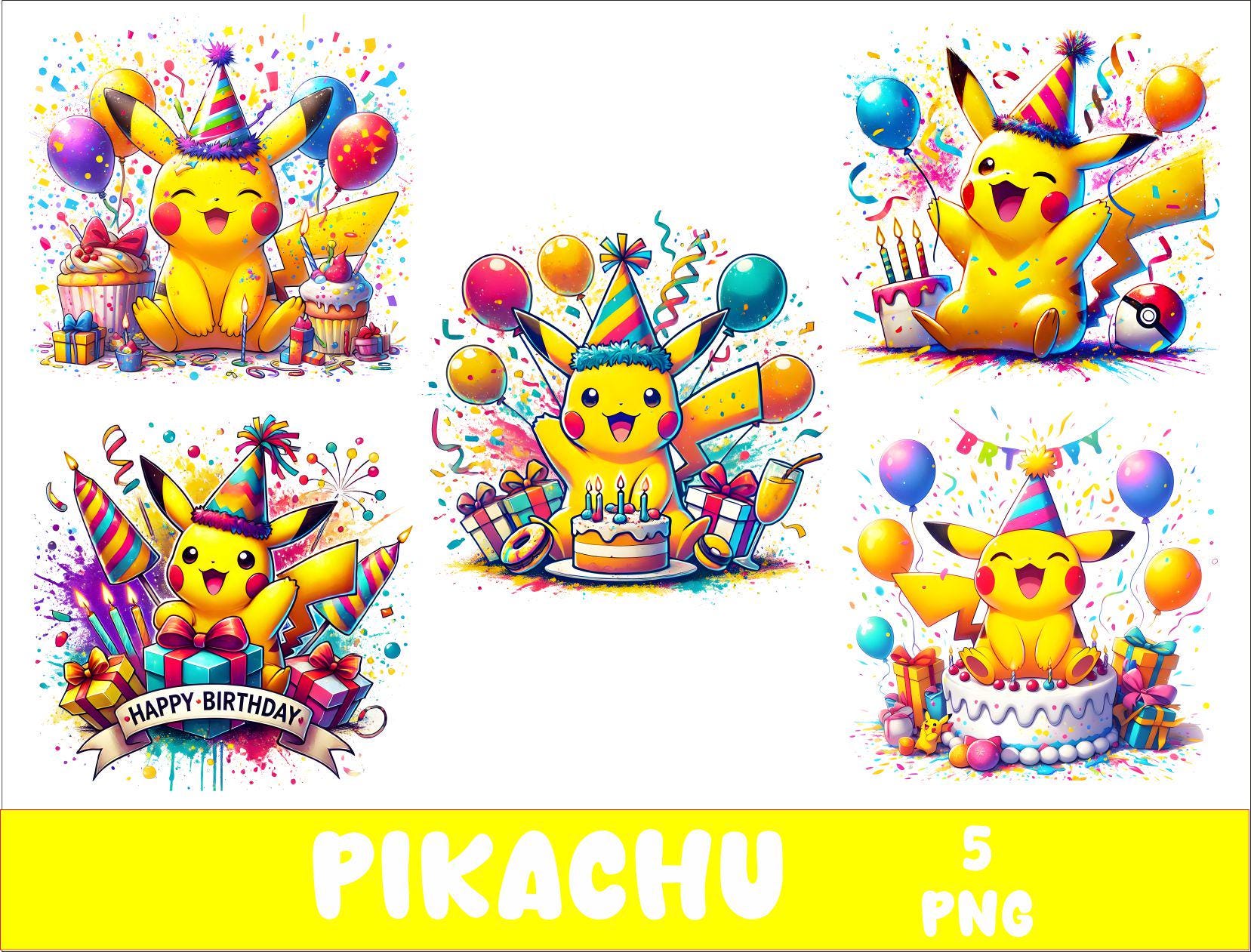 Birthday Pikachu 5 PNG Birthday Pikachu Splash and Watercolor Png Pikachu Transparent PNG file for Sublimation
