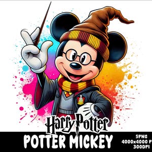May include: A cartoon illustration of Mickey Mouse dressed as Harry Potter. He is wearing a black robe, a Hogwarts scarf, and a pointed hat. The background is a colorful splatter of paint.
