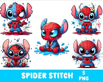 5 PNG Stitch Spider Hero Png Stitch Splash and Watercolor Png Stitch Transparent PNG file for Sublimation