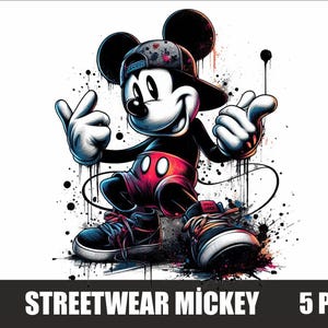 Könnte beinhalten: Stilisierte Illustration von Mickey Mouse in Streetwear-Kleidung. Mickey trägt eine Kappe, rote Shorts und Turnschuhe. Das Bild hat eine Graffiti-Ästhetik mit Farbspritzern und dem Text "STREETWEAR MICKEY 5 PNG".