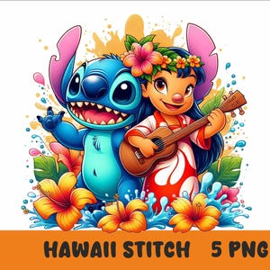 Puede incluir: Stitch y Lilo de Lilo & Stitch de Disney se representan en una ilustración colorida. Stitch es azul y tiene una gran sonrisa. Lilo lleva un vestido rojo y blanco y un collar de flores. Ella está tocando el ukelele. El fondo es una escena tropical con flores y agua.