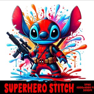 May include: A blue and red cartoon character with three ears and large eyes holding a black rifle. The character is standing in a pool of blue, red, and orange paint splatters. The text "SUPERHERO STITCH" is at the bottom of the image.