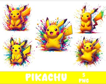 ピカチュウのアクリルアートとカリグラフィー 眠そうなピカチュウのクリップアート、水彩スプラッシュ、モンスター