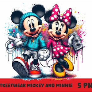 Może przedstawiać: Myszka Miki i Minnie Mouse w kolorowym stylu graffiti. Miki ma na sobie niebieską bluzę z kapturem i białe spodnie. Minnie ma na sobie różową sukienkę w białe kropki i czerwoną kokardkę. Oboje trzymają głośnik.