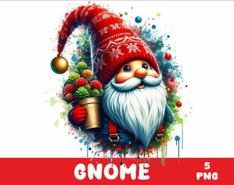 May include: A Christmas gnome with a red and white knit hat, a white beard, and a blue outfit holding a pot of colorful succulents. The gnome is surrounded by colorful watercolor splatters.