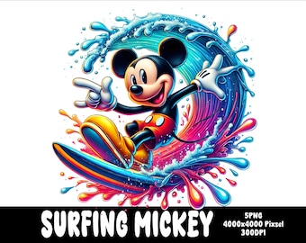 5 PNG Surfing Mickey Png Mouse Splash and Watercolor Png Mickey Transparent PNG file for Sublimation Surfing Mouse PNG