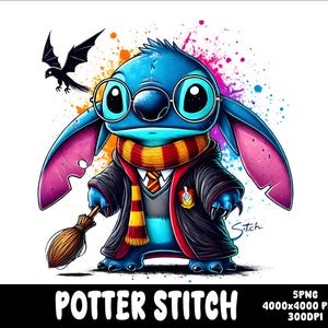 May include: A blue Stitch character dressed as a Harry Potter wizard with a red and yellow scarf, black robe, and glasses. The character is holding a broom and has a Hogwarts crest on the chest of the robe. The background is a colorful splatter of paint.