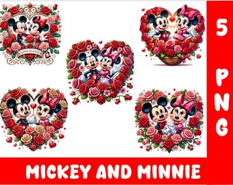 Mickey y Minnie con forma de corazón 5 PNG con salpicaduras de ratón y acuarela PNG. Archivo PNG transparente de Mickey y Minnie para sublimación.