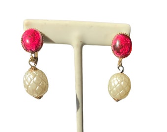 1920’s Red Foiled Glass and Pearl Bead Droplet Earrings