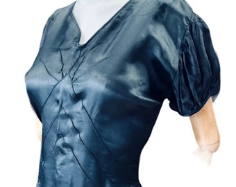 1930’s Art Deco, black rayon satin dress 36” bust, 30”,waist.