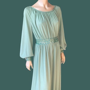 1970s Eau de Nil Jersey and Sequin Grecian styled gown, 36-40” bust
