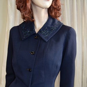Early 1950&#39;s  French Navy Wool Nipped Suit with Beaded Collar 36&quot; Bust
