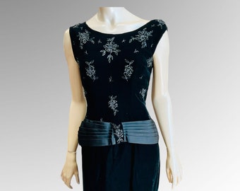 1950’s  black velvet beaded gown with train, 34” bust 28” waist.