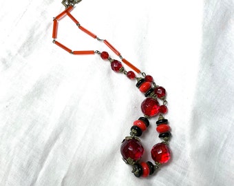 1930’s Czech Red and Black Glass Bead Necklace