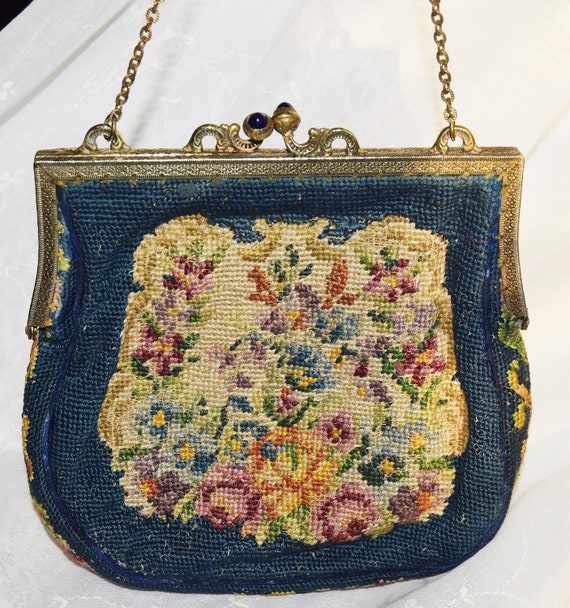 Sweet Edwardian Antique Needlepoint Evening Bag w… - image 1