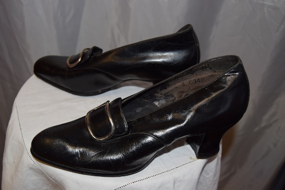 1930's Black Leather Pilgrim Shoes size UK 4