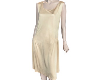 1920s Knit Drop Waist Slip Dress, Pale Yellow Silk, 36" Bust