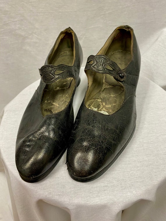 Edwardian Black Leather Mary Jane Shoes size UK 4